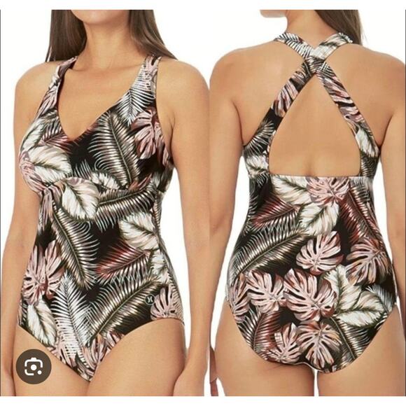 Hurley One Piece Rash Guard Set L/XL Black Floral Long Sleeve SPF 50+ Swim Suit - Picture 2 of 9